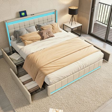 Lit Double 180x200cm avec Éclairage LED et Charge USB, lit adulte avec 4 Tiroirs, Lit de Tiroir Facile à Assembler, Lin, sans Matelas, Beige (1/5)