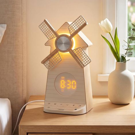 Réveil Enfant Rotatif Moulin À Vent, Réveil Simulateur d'Aube Veilleuse Enfant, Alarme LED avec snooze, 20 sons apaisants, Cadeau pour Garçon Fille Enfant (1/5)
