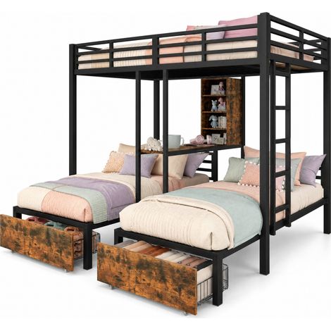 Letto a castello 140 x 200 cm + 90 x 200 cm, 3 posti, con sponde di sicurezza, cassetti e vani contenitore, nero, per cameretta e piccoli spazi - CHICFURN (1/5)