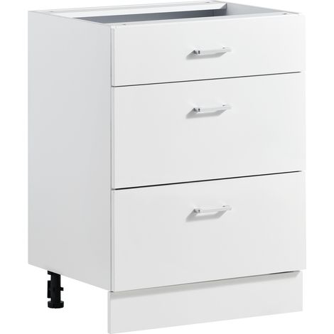VEVOR Mueble Bajo de Cocina, Ancho de 60 cm, 3 Cajones, sin Montar, Herrajes de Cierre Suave, Cantos Reforzados, 600 x 475 x 815 mm (ancho x profundidad x alto), para Hogar, Oficina y Lavadero, Blanco (1/5)