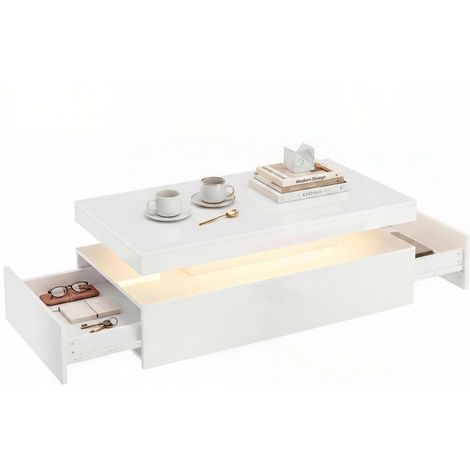 LED Couchtisch mit Stauraum, Moderner 2-Ebenen Wohnzimmertisch mit 2 Schubladen, Hochglanz Weiß (1/5)