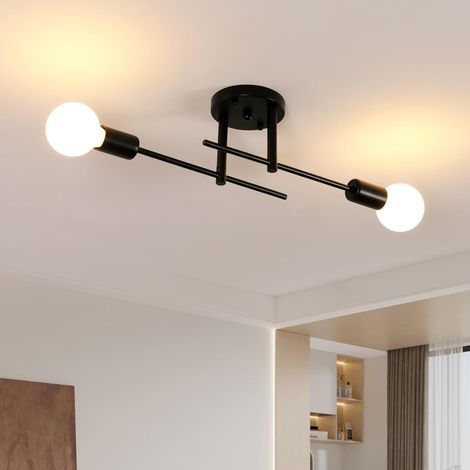 Lustre Plafonnier Industriel, E27 Plafonnier Vintage à 2 Lumières, Moderne Lampe de Plafond en Métal Noir pour Salon Chambre Cuisine Couloir (Sans Ampoules) (1/5)
