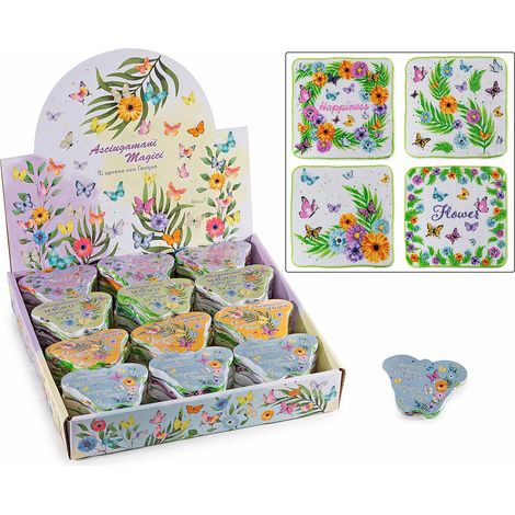 Mini asciugamano magico con stampa fiori compresso che si sviluppa in acqua calda, in espositore da 36 pezzi, set da 36 pezzi, Aperto: cm 28 x 28 H