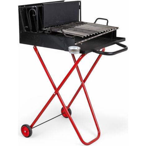 Barbecue a Legna Portatile con Griglia in Acciaio Inox, Ripiano Recupera Grassi, Pieghevole con Ruote, Made in Italy, Con tira braci e bicchiere raccogli olio OMAGGIO (MEDIO)