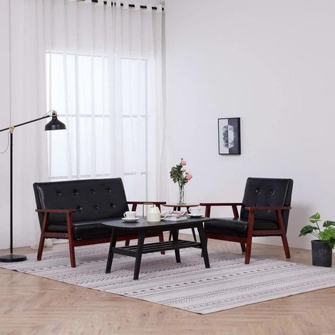 2-teilige Sofagarnitur Schwarz Kunstleder mit Holzbeinen 1-Sitzer + 2-Sitzer (1/5)