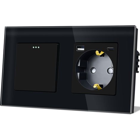 Interrupteur à bascule avec prise 1 compartiment 1 voie - Plaque en verre - Interrupteur encastré avec prise Schuko (maximum 20 W) - USB et type C - Noir - 86 x 157 mm (1/5)