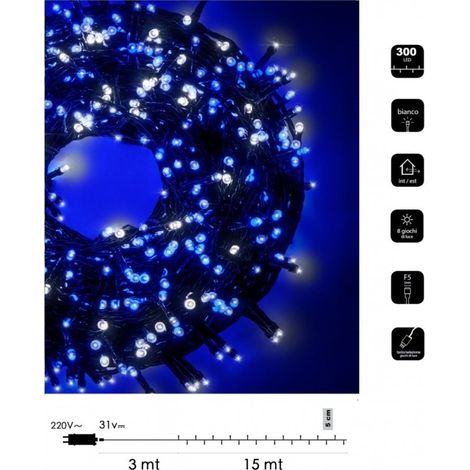 Catena Luminosa bicolore Natale 300 led 15 mt serie luminosa natalizie cavo verde albero feste luce bianco rosso blu calda Bianco- Blu