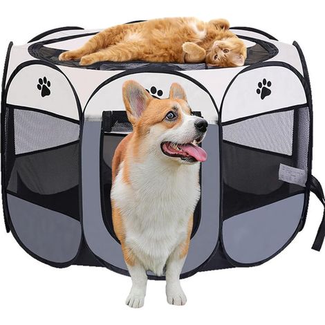 Parc portable pour chiot - 114 x 114 x 58 cm - Pliable - Enclos pour chat - Pour appartement - Pour l'intérieur - Tissu Oxford imperméable pour chien, chat, lapin - Gris (1/5)