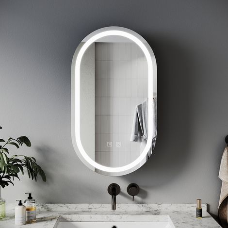 SIRHONA Armoire de toilette ovale à LED, avec prise rasoir, désembuage et 3 modes d'éclairage 400x700mm Armoire murale de salle de bain — vue 2