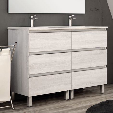 Cosyneo – Meuble de salle de bain 140cm double vasque – 6 tiroirs – finition bois blanchi – assemblé avec matériaux hydrofuges