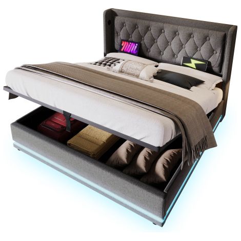 Lit double rembourré 180200 cm, Matériel coton gris Lit de rangement hydraulique, tête rembourrée avec fonction de chargement USB Type-C, fonction LED 3 parties (sans matelas) (1/5)