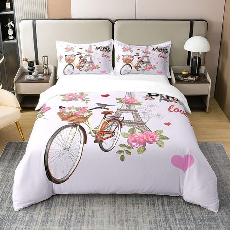 Tour Eiffel 100% Coton Housse de Couette 140x200cm vélo Paris Décoration Enfants garçon Fille Rose Rose Fleurs 100% Coton Housse de Couette 140x200cm Valentine Ensemble de lit - 140 x 200 cm + 1 taie (1/5)