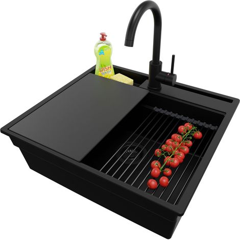 PRIMAGRAN Evier Cuisine en Granit 58x53cm, Lavabo 1 bac + Kit de Vidage + Accessoire, Évier à Encastrer au meuble 60cm - Oslo Pocket, Tout Noir (1/5)