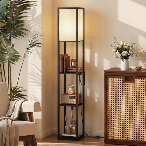 Lampadaire LED avec étagères, intensité variable, interrupteur à chaînette et douilles, noir (1/5)