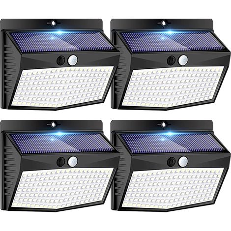 Luci solari per esterni, [138 LED/confezione da 4] Luci di sicurezza solari con sensore di movimento e 3 modalità di illuminazione, luci da parete solari impermeabili per giardino, recinzione, patio o