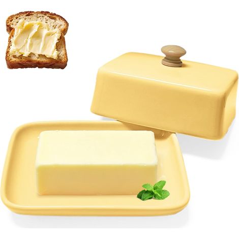Beurrier en céramique avec couvercle - 250 g - Beurrier en porcelaine - Protection contre la poussière et les arômes - Passe au lave-vaisselle, au micro-ondes et au four (jaune) (1/5)