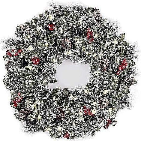 Couronne de Noël artificielle pré-illuminée pour porte d'entrée, décorée de pommes de pin, de grappes de baies et de branches givrées. Décoration de Noël pour l'intérieur et l'extérieur de la maison. (1/5)