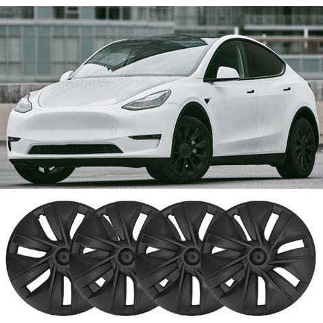 (Vidéo disponible) 4 enjoliveurs noirs mats pour jantes 19 pouces Tesla Model Y 2020-2023 (Modèle d'origine, sans marquage) (La taille indiquée dans le titre correspond à la taille de jante compatible