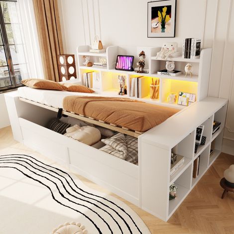 Schlafsofa 90x200 cm mit hydraulischem stauraum und lattenrost - tagesbett aus holz mdf mit regalen steckdose und led-beleuchtung - weiß (1/5)