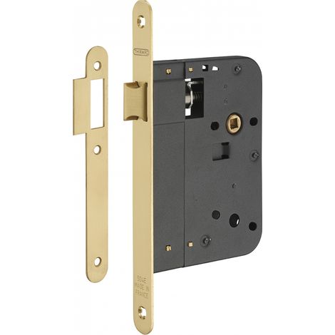 Serratura da incasso per porta interna, asse 80mm, piastra tonda, ottone lucido verniciato - THIRARD