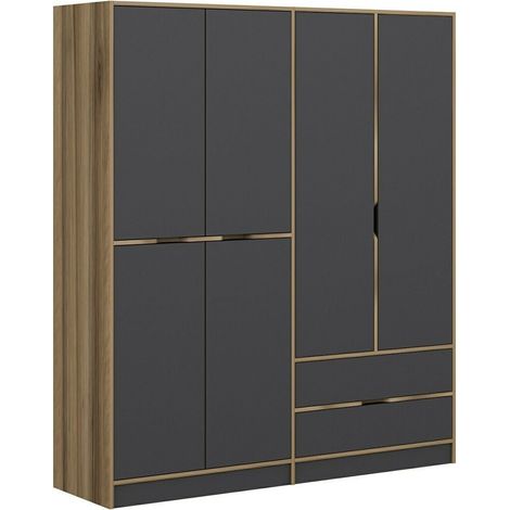 Armoire design 6 portes et 2 tiroirs Srau L180xH210 Bois foncé et Anthracite (1/5)