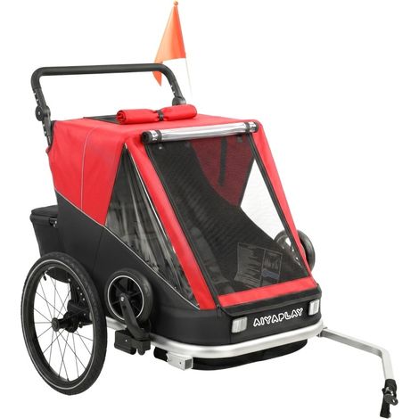 Remolque de bicicleta 2 en 1 para niños 2 plazas plegable con asiento ajustable rojo (1/5)