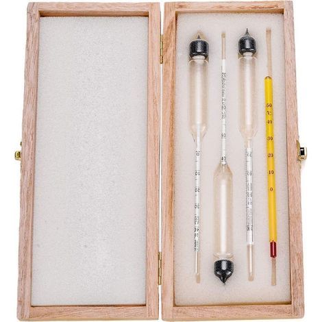 3-piece alcoholmeter set with thermometer. Alcohol content: 0-40%, 40-70%, 70-100% ABV. Hydrometer for spirits, distillates, whisky, brandy, and vodka.