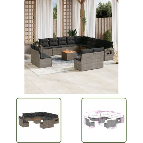 The Living Store 14-tlg. Garten-Sofagarnitur mit Kissen Grau Poly Rattan - Gartenmöbel Set - PE-Rattan Möbel - Outdoor Lounge - Esszimmergarnitur - Balkonmöbel (1/3)