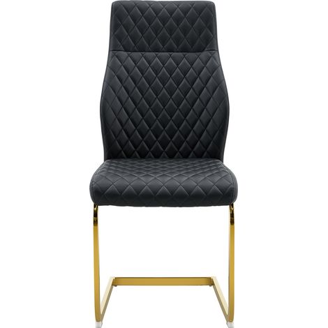 Set de 2 sillas de comedor negras en PU acolchado con respaldo alto y estructura metálica dorada (1/5)