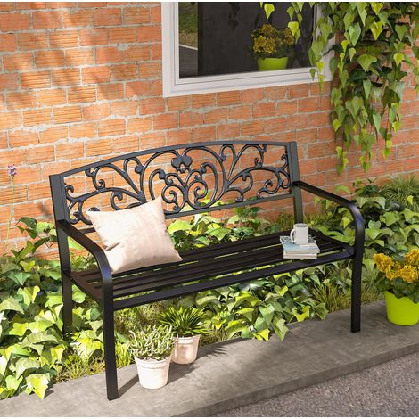 2-Sitzer-Gartenbank aus Metall, 127 x 60 x 87 cm, mit Rückenlehne und Armlehnen, Schwarz (1/5)