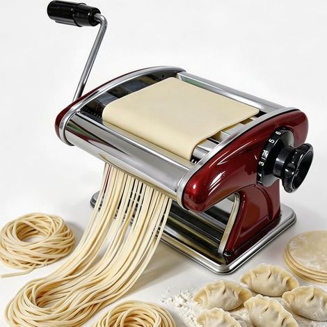Machine à Pâtes Manuelle en Acier Inoxydable - 6 Épaisseurs Réglables, Double Couteaux (2mm/4mm) pour Spaghetti/Fettuccine - Rouge, Compacte ( (1/4)