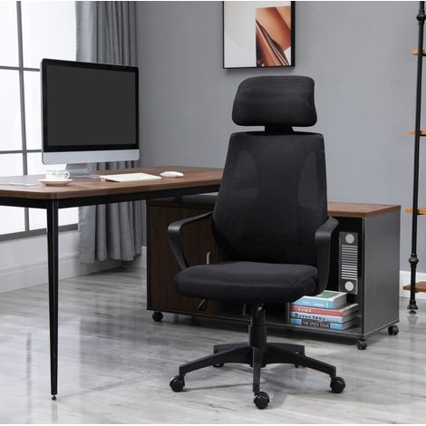 Höhenverstellbarer Bürostuhl mit Wippfunktion, Kopfstütze und Lendenstütze, Schwarz (1/5)