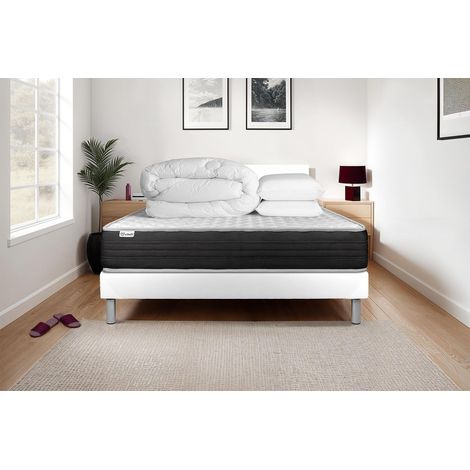 Komplettpaket Bett - Matratze 140x200 cm + Boxspringbett mit Lattenrost (im Set) + 2 Kopfkissen + Bettdecke - Vitalmemo One