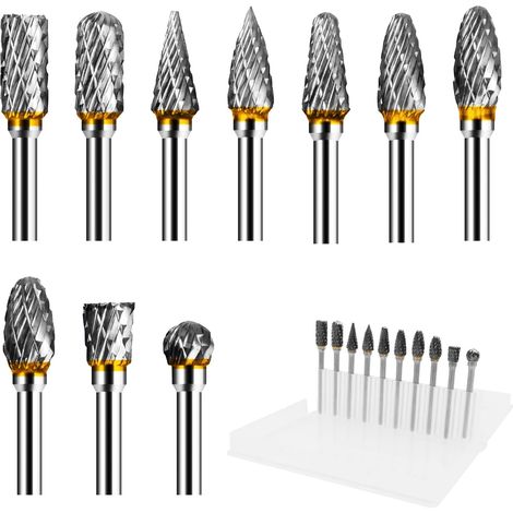 Jeu de fraises rotatives en acier au carbure de tungstène à double tranchant pour outil rotatif, 10 pièces de fraises métalliques avec tige de 3,2 mm (1/8") pour bricolage, sculpture (1/5)