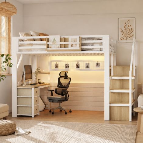 Lit mezzanine 140x200 cm en métal blanc, avec bureau et rangement, pour chambre FloraGrace (1/5)
