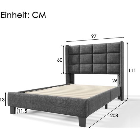 Lit rembourré avec tête de lit rembourrée, lit simple avec sommier à lattes, 90x200cm, en lin gris, fermeté moyenne (avec matelas à ressorts)