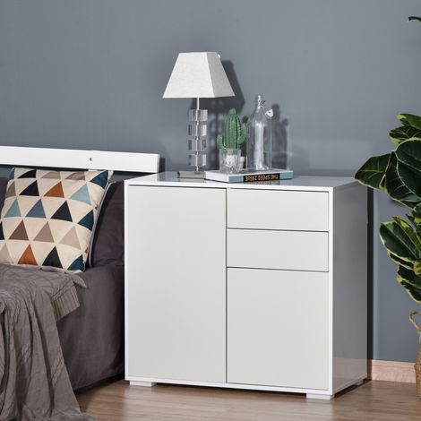 Credenza da cucina HOMCOM con 2 ante, 2 cassetti, struttura bianca lucida, ripiano regolabile, mobile contenitore con apertura a pressione per camera da letto e soggiorno, 79x36x74 cm, bianca (1/5)