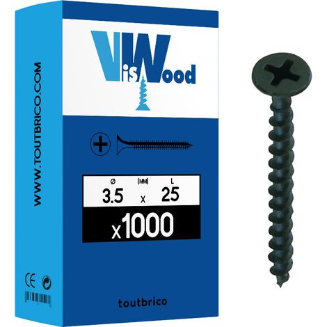 Lot de 1000 vis à plaque de plâtre 3,5x25mm – Acier phosphaté noir – Empreinte Phillips PH2 – Filetage complet – Viswood