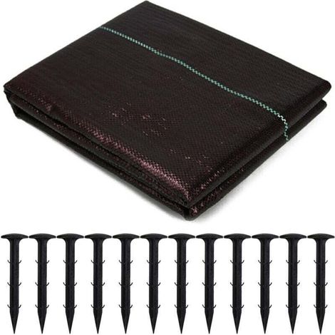 Tissu de contrôle des mauvaises herbes tissé 13m + 12pcs piquets de sol en plastique 11cm (1/4)