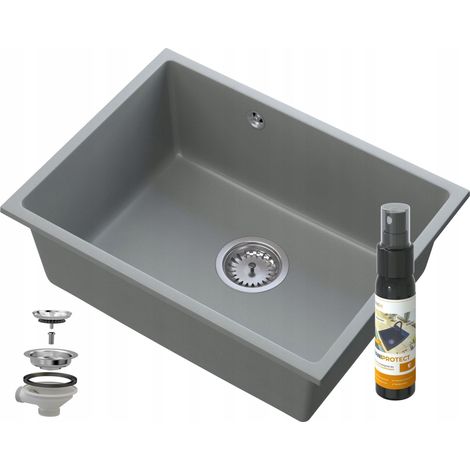 Évier de cuisine en granit Manado 53.5 × 40 cm sous plan gris avec distributeur et siphon (1/5)