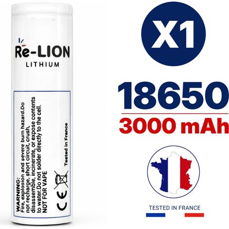 Batterie lithium-ion 18650 - 3000 mAh / 6A, reconditionnée, testée et qualifiée en France. Pile rechargeable haute capacité. (1/5)