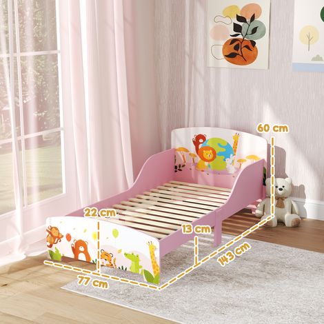 Berceau en bois pour enfants à partir de 3 ans (avec bords surélevés et barrières de sécurité), 143 x 77 x 60 cm, rose. (1/5)