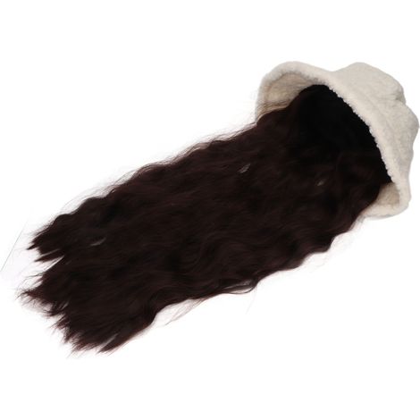 Casque de cheveux bouclés longs brun foncé, chapeau seau en peluche crème, perruque synthétique douce pour femme, couvre-chef naturel et confortable (1/5)