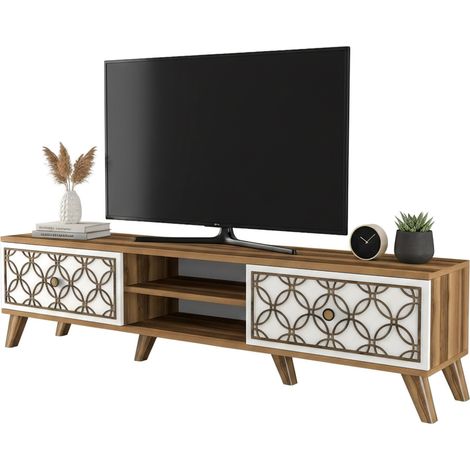 Dmora - Mueble de televisión Dpietr, Aparador de salón, Mueble bajo para TV, Base de pared equipada, 180x35h44 cm, Nogal y Blanco