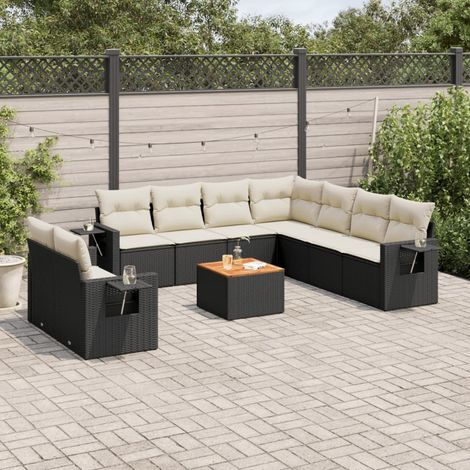 Ensemble Salon Jardin 10 Places Noir Résine Tressée avec Coussins Crème - Canapé d'Angle, Sièges Centraux et Table Acacia - Meuble Extérieur Modulaire (1/5)