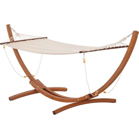 Hamac sur pied extérieur en bois naturel et blanc, avec support bois, 4 cordes de sécurité, charge max. 120 kg (1/5)