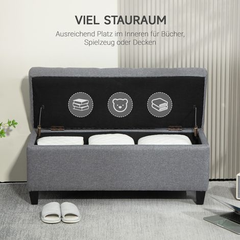 Banc rembourré à tiroir de rangement, revêtement lin en polyester, bois d'hévéa, 100x40x44 cm, gris clair (1/4)