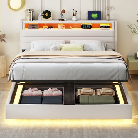Polsterbett mit USB-Steckdose und LED-Licht, wendbares Kopfteil, verdecktes Fußteil, Doppelflachbett, Jugendbett, Erwachsenenbett, Leinenstoff