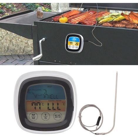 Thermomètre tactile numérique de cuisine, thermomètre de barbecue d'extérieur, minuteur, fourchette à barbecue avec cadre noir et argent (1/5)