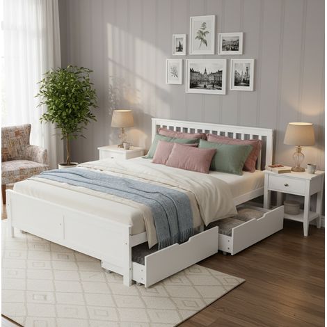 Letto matrimoniale 140x200 cm bianco in legno massello e MDF con 2 cassetti (1/5)